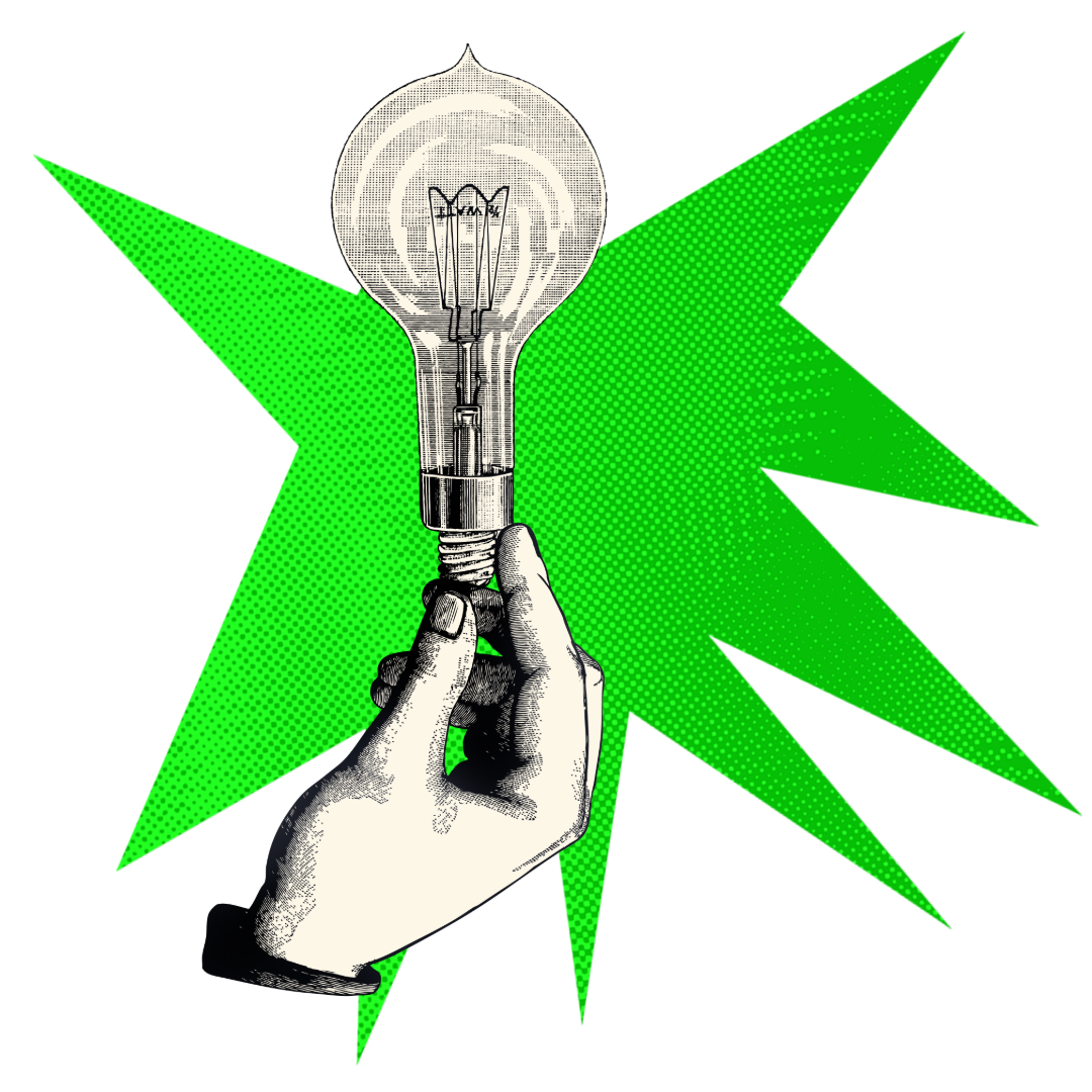 Black and white graphic of a hand holding a lightbulb with a green backsplash.