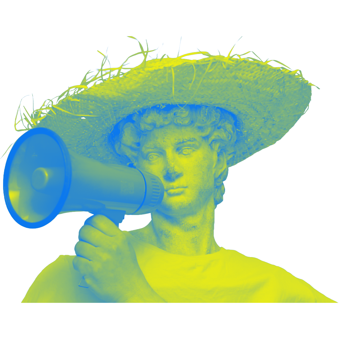 roman statue wearing a large sunhat whilst holding a megaphone behind a blue and green color filter.