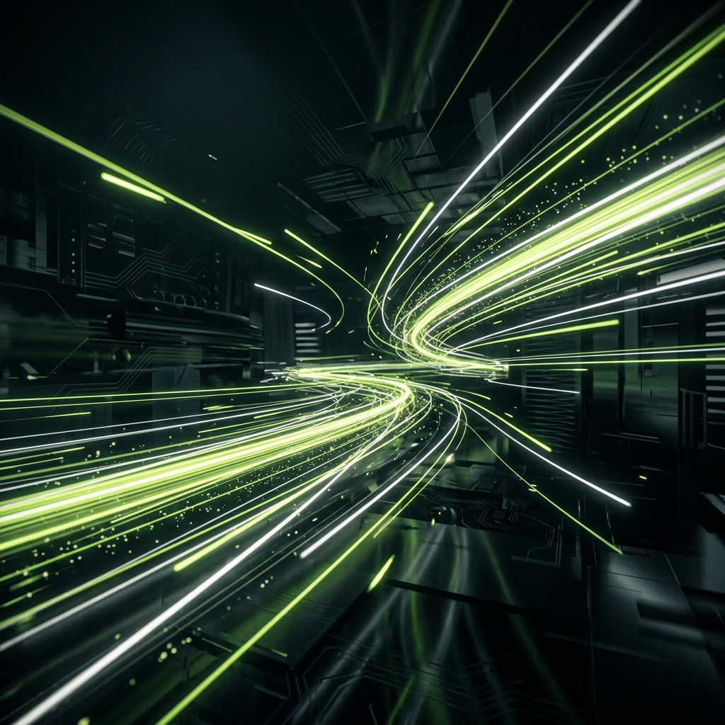 Abstract elegant 3D geometric shapes in dark mode with glowing lime green accents.